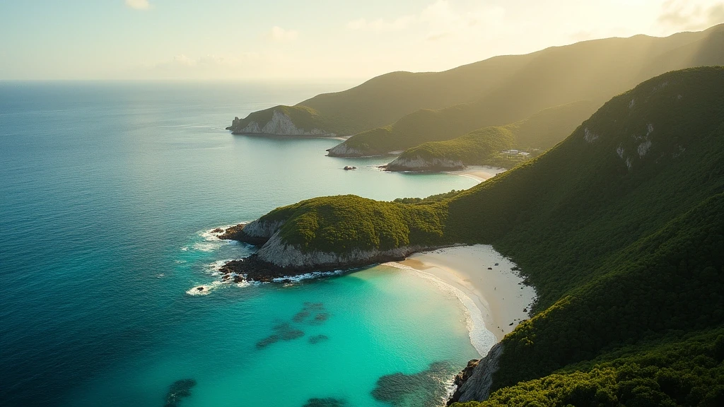 Luftaufnahme von Necker Island, Großbritannien (Privatinsel) mit dramatischer Küste und türkisfarbenem Wasser zur goldenen Stunde