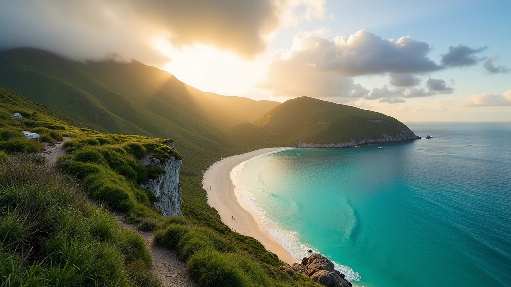 Panoramablick auf Necker Island, Großbritannien (Privatinsel) von einer Klippe aus mit gruenen Huegeln und weissen Straenden