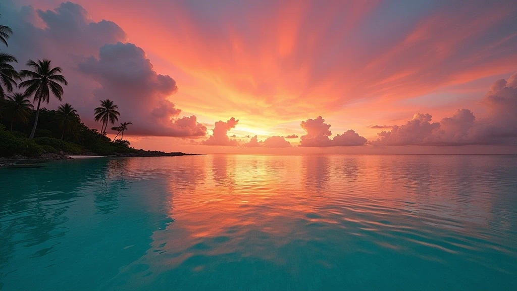 Dramatischer Sonnenuntergang über dem türkisfarbenen Wasser von Necker Island, Großbritannien (Privatinsel)