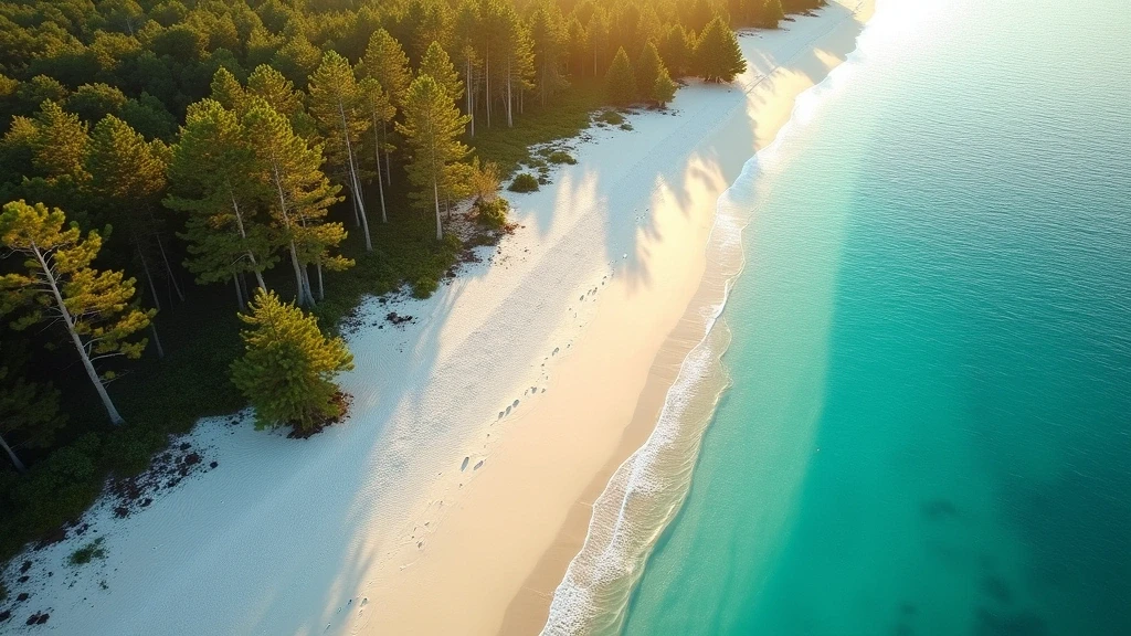 Luftaufnahme der Isle of Pines in Neukaledonien mit weissen Straenden und tuerkisfarbenem Wasser