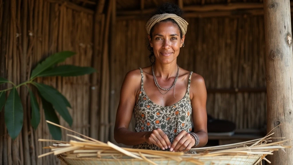 Lokale Kanak-Frau beim traditionellen Flechten in Neukaledonien mit Pandanus-Blaettern