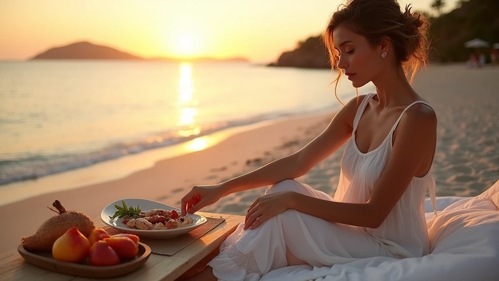 Elegante Frau beim Privat-Dinner am Strand von Neukaledonien zur goldenen Stunde