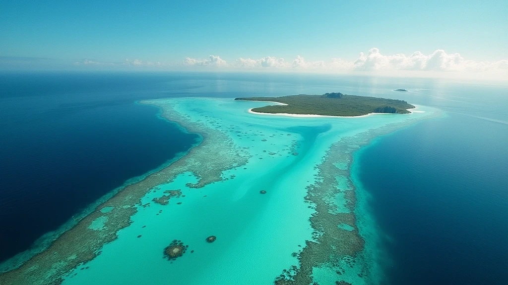 Luftaufnahme der UNESCO-Lagune von Neukaledonien mit tuerkisfarbenem Wasser und Korallenriffen zur goldenen Stunde