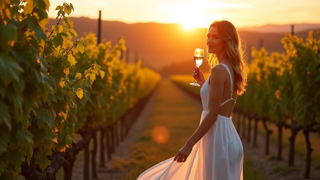 Elegante Frau bei Weinprobe im Marlborough Weinbaugebiet in Neuseeland zur goldenen Stunde