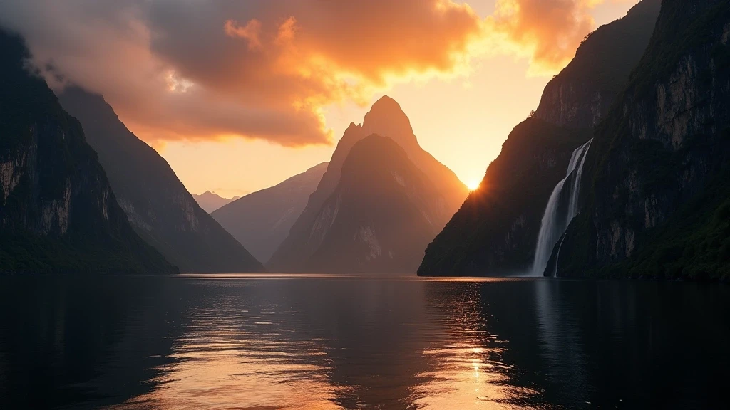 Sonnenuntergang am Milford Sound mit Mitre Peak in Neuseeland, dramatische Landschaftsfotografie
