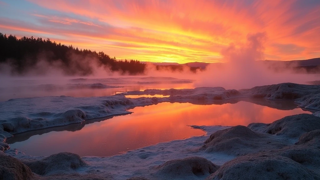 Goldene Stunde in Rotorua, Neuseeland, geothermal Landschaft mit farbigen Mineralbecken