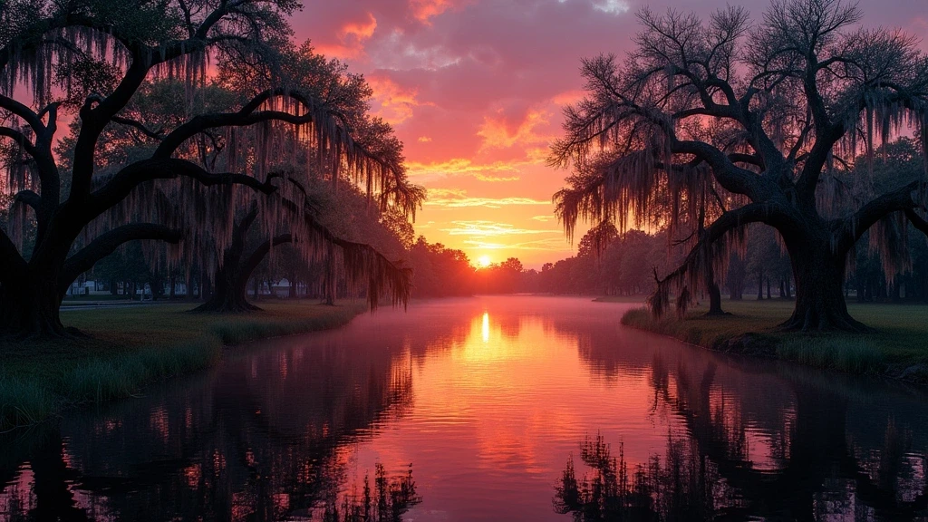 Sonnenuntergang ueber Bayou St. John mit Eichen und Spanischem Moos in New Orleans