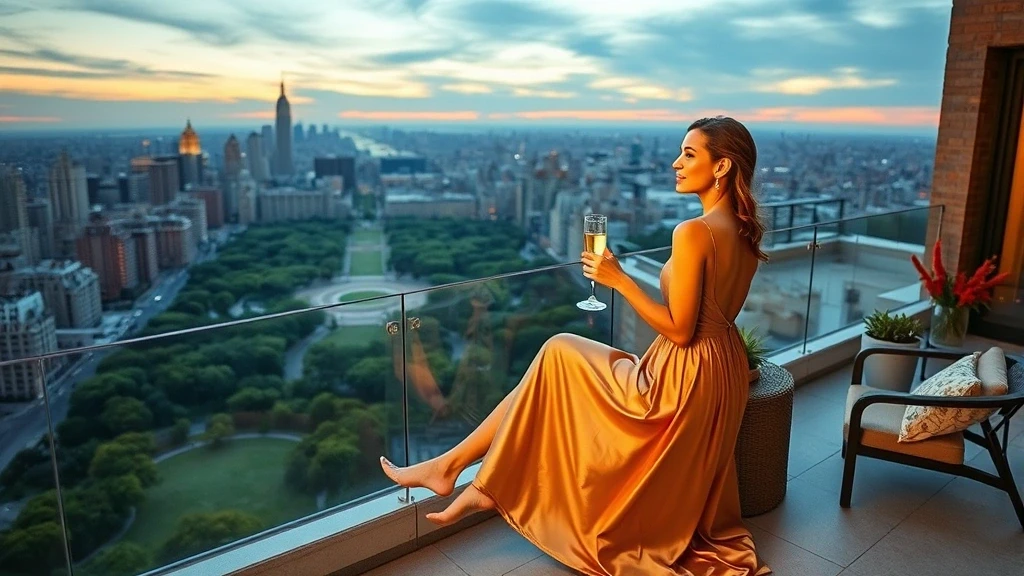 Elegante Frau auf Dachterrasse mit Blick auf Central Park in New York City
