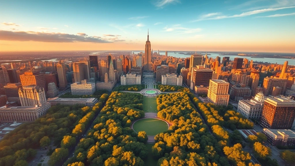 Luftaufnahme der Manhattan-Skyline zur goldenen Stunde in New York City