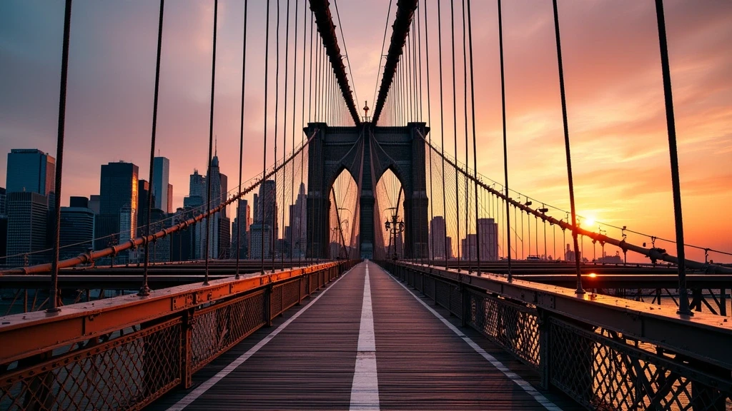 Brooklyn Bridge bei goldener Stunde mit Manhattan Skyline Reflektion im East River