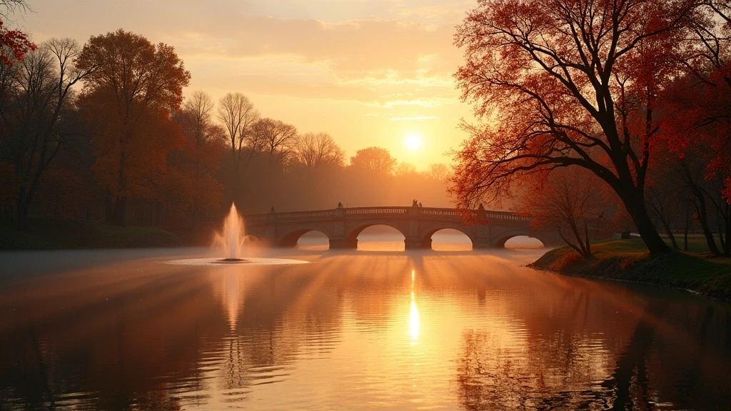Panorama von Central Parks Bow Bridge bei Sonnenuntergang mit Herbstlaub in New York