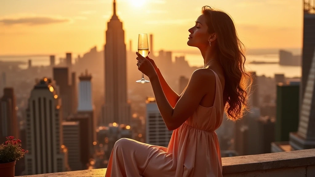 Elegante Frau geniesst Champagner auf Dachterrasse mit Manhattan Skyline bei Sonnenuntergang