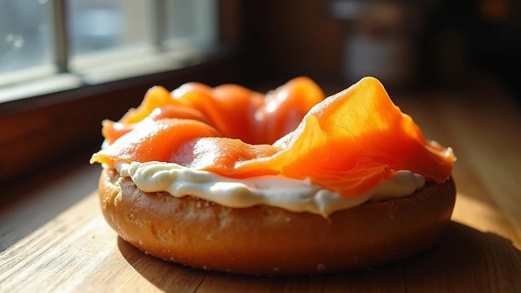 Artisan Bagel mit Lachs und Frischkaese bei Russ & Daughters in New York, kulinarische Nahaufnahme