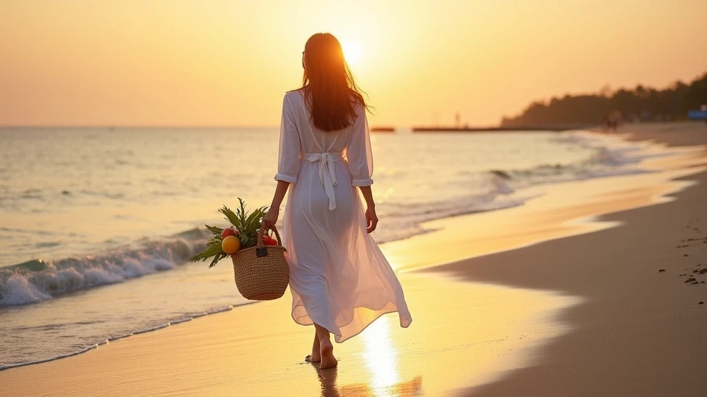 Elegante Frau im weissen Kleid am Ngapali-Strand in Myanmar bei Sonnenuntergang