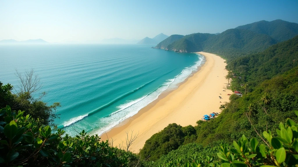 Panoramablick auf den goldenen Sandstrand von Ngapali in Myanmar mit türkisfarbenem Wasser