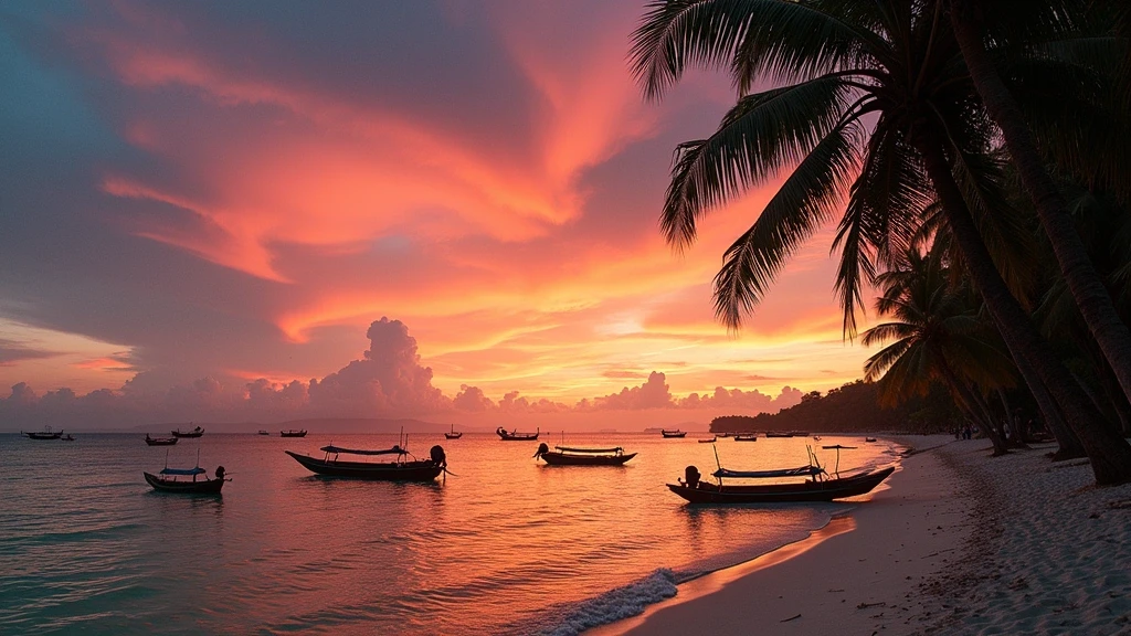 Dramatischer Sonnenuntergang am Ngapali-Strand in Myanmar mit Fischerboot-Silhouetten