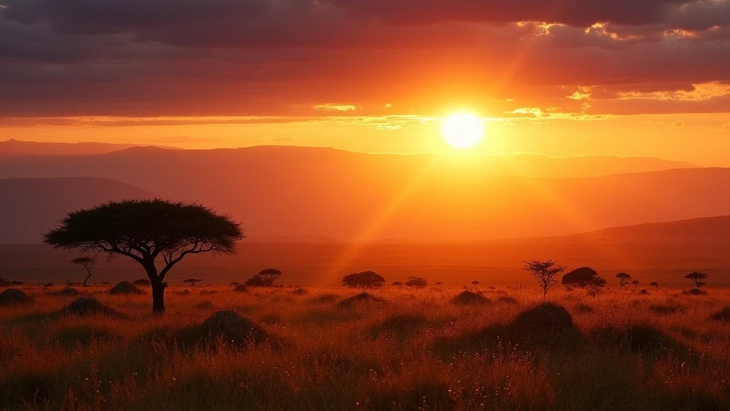 Panorama-Sonnenuntergang im Ngorongoro Krater Tansania mit Akazien-Silhouetten