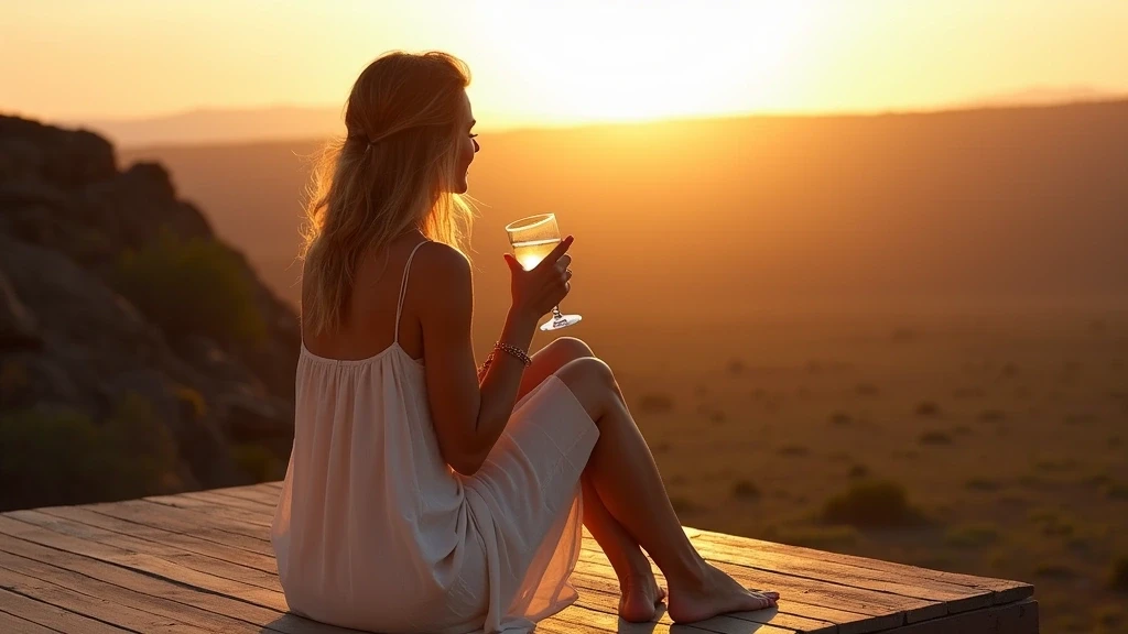Elegante Reisende geniesst Sundowner mit Blick auf den Ngorongoro Krater Tansania
