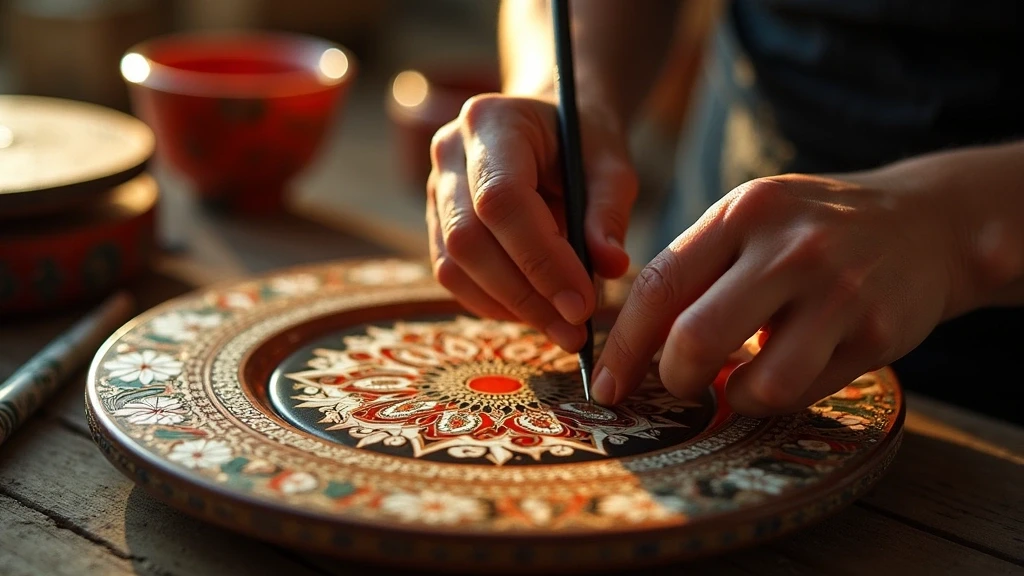 Detailaufnahme von Lackkunst-Herstellung in Nha Trang mit Perlmutt-Einlagen bei goldener Stunde