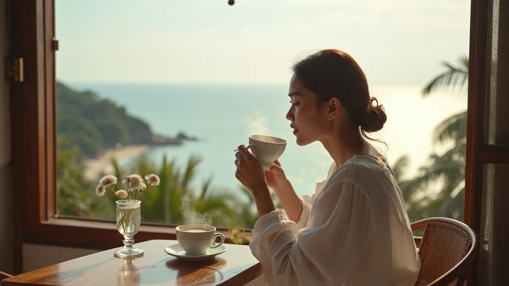 Elegante Frau geniesst traditionellen vietnamesischen Kaffee in Nha Trang mit Meerblick am Morgen
