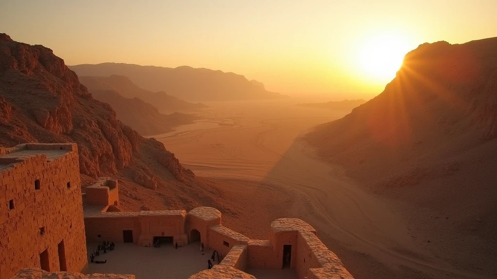 Panoramablick auf die Berggipfel und das Wadi bei Sonnenuntergang in Nizwa Fort Retreat