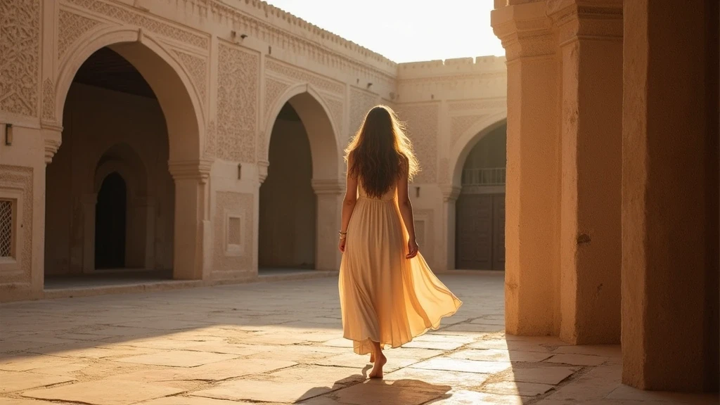 Elegante Frau im fliessenden Kleid im historischen Festungshof von Nizwa Fort Retreat
