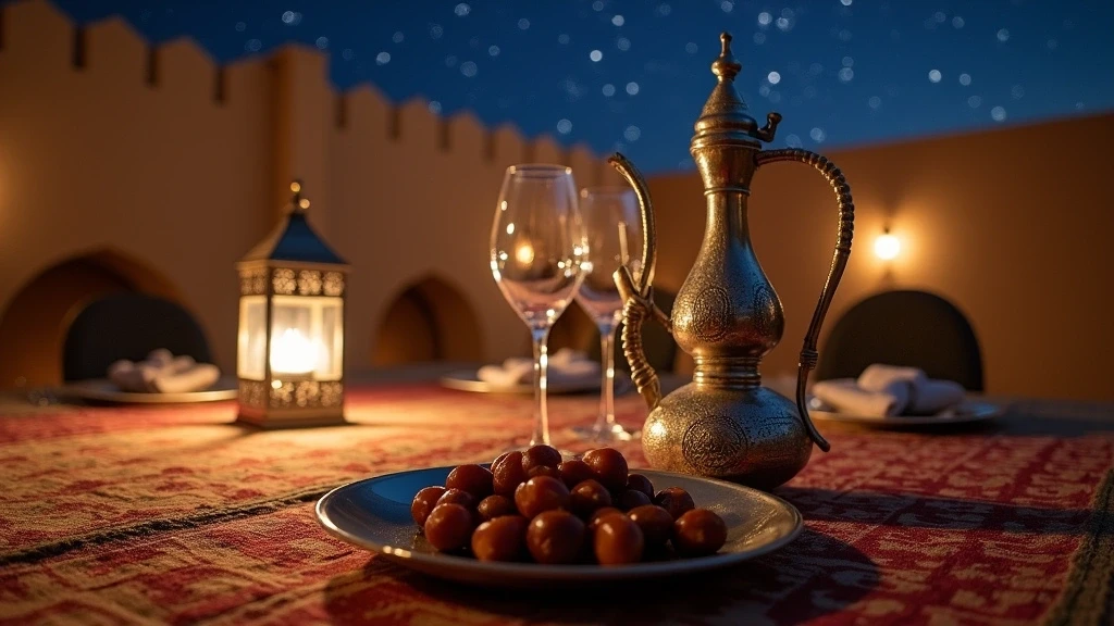 Traditionelle omanische Kaffeekanne und Datteln unter Sternenhimmel in Nizwa Fort Retreat