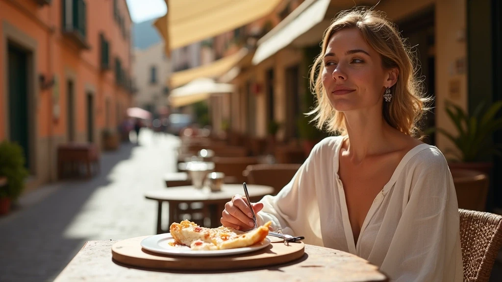 Elegante Frau geniesst Socca in der Altstadt von Nizza an einem Sonnentag
