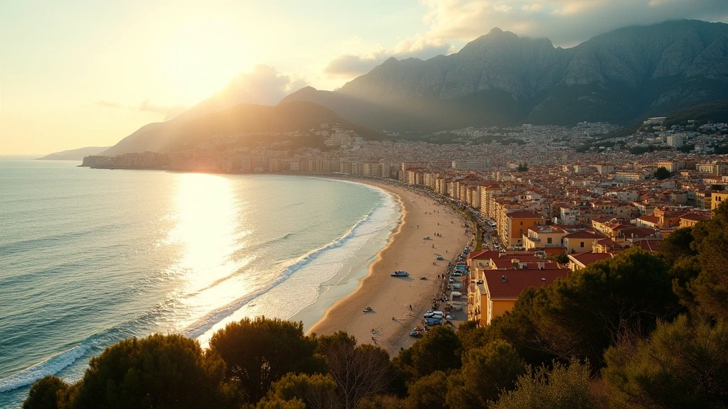 Luftaufnahme der Baie des Anges und Promenade des Anglais in Nizza zur goldenen Stunde