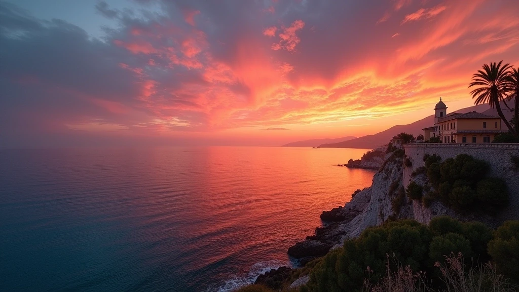 Sonnenuntergang ueber dem Mittelmeer vom Colline du Chateau in Nizza