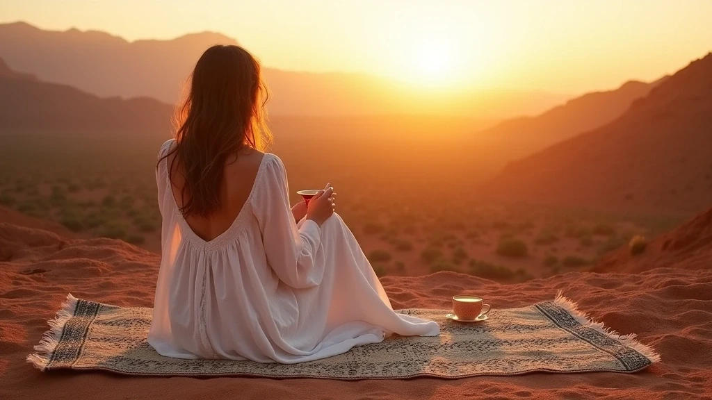 Elegante Frau in weissem Leinenkleid geniesst Minztee auf Berberteppich mit Blick auf Nkobs Berge
