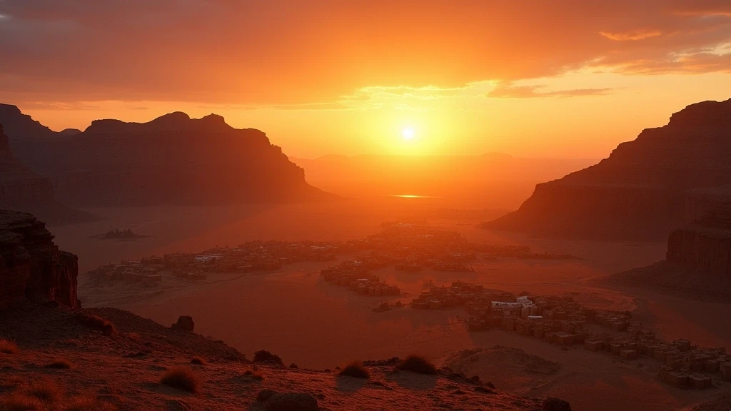 Sonnenuntergang ueber den roten Sandsteinbergen von Nkob mit Blick auf Berberdoerfer im Tal