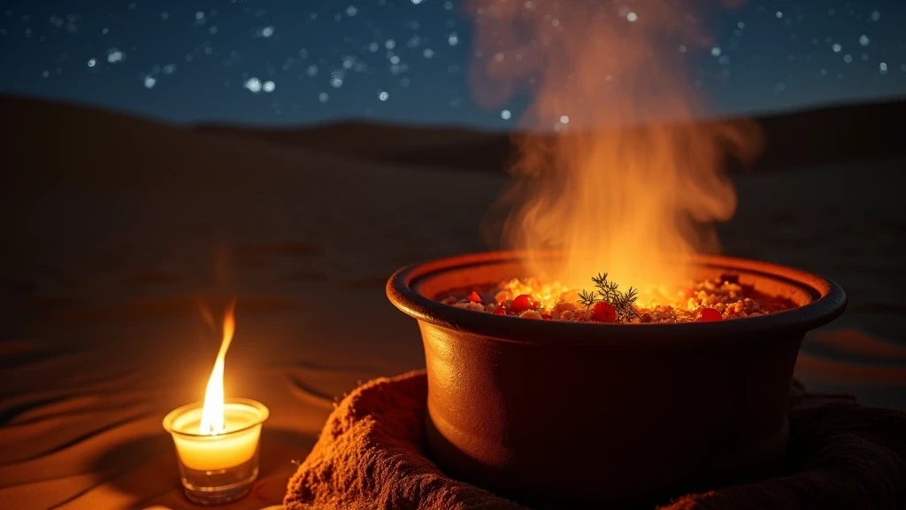 Traditioneller marokkanischer Tajine im Wuestencamp von Nkob mit Dampf vor sternenklarem Nachthimmel