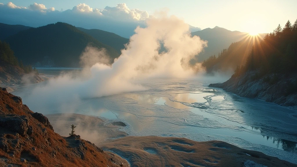 Dramatische Luftaufnahme von Jigokudani (Hoellental) in Noboribetsu mit vulkanischem Dampf und geothermaler Landschaft zur goldenen Stunde
