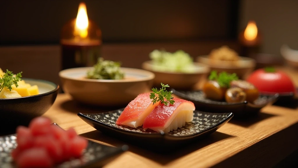 Detailaufnahme traditioneller Kaiseki-Kueche in Noboribetsu mit saisonalen Zutaten auf Lackgeschirr bei Kerzenlicht