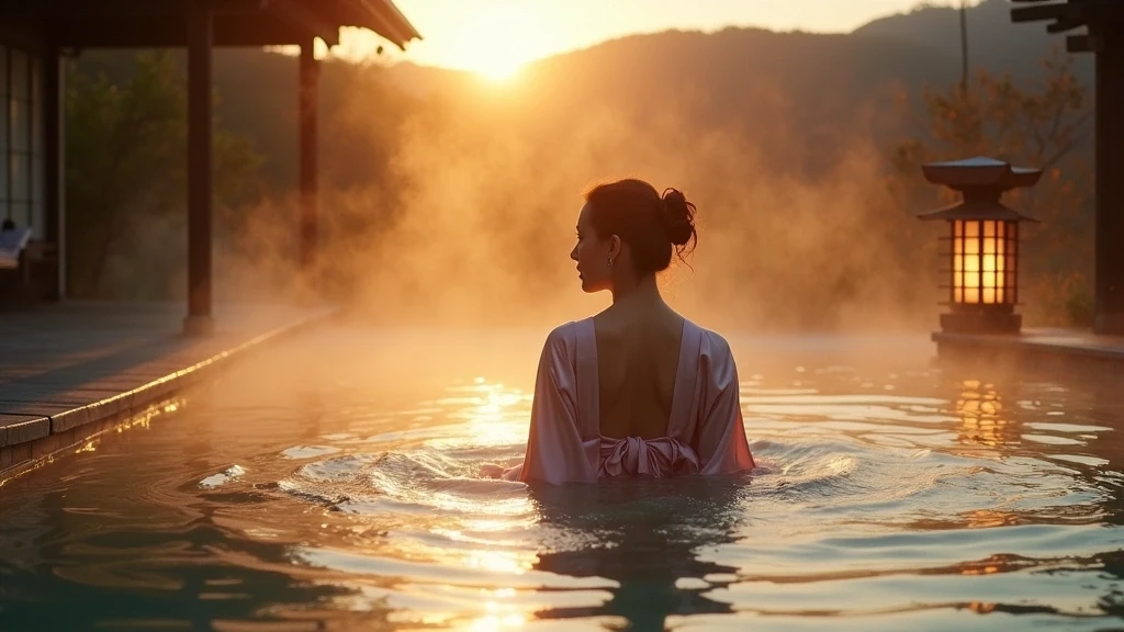 Elegante Frau im Seidenkimono geniesst privaten Aussen-onsen in Noboribetsu bei Sonnenuntergang mit traditionellem japanischem Garten