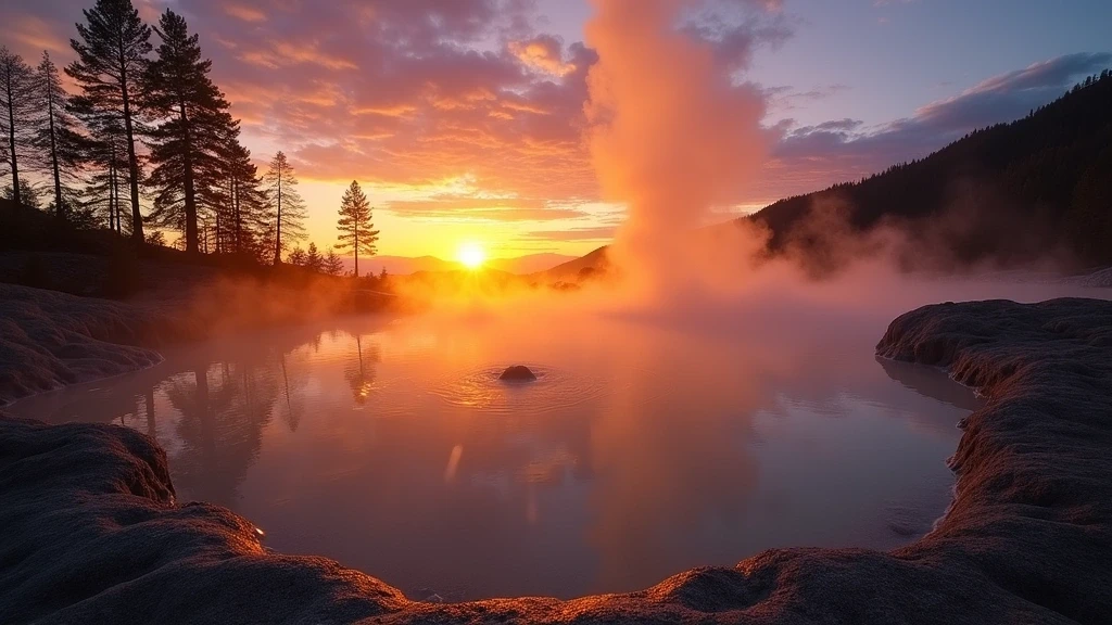 Goldene Stunde an den Natur-Fussbaedern von Jigokudani in Noboribetsu mit aufsteigendem Thermalwasserdampf vor Sonnenuntergangshimmel