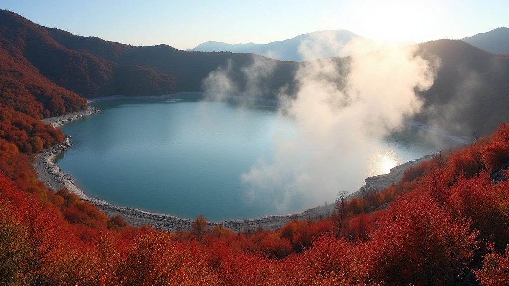 Panoramablick auf den Oyunuma-Vulkansee in Noboribetsu mit aufsteigendem Dampf und herbstlicher Laubfaerbung im Morgennebel