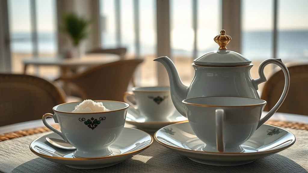 Traditionelle ostfriesische Teezeremonie in einem Strandhaus auf Norderney mit Porzellan