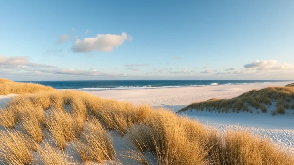 Panoramablick auf den weißen Sandstrand und Dünen von Norderney an der Nordsee