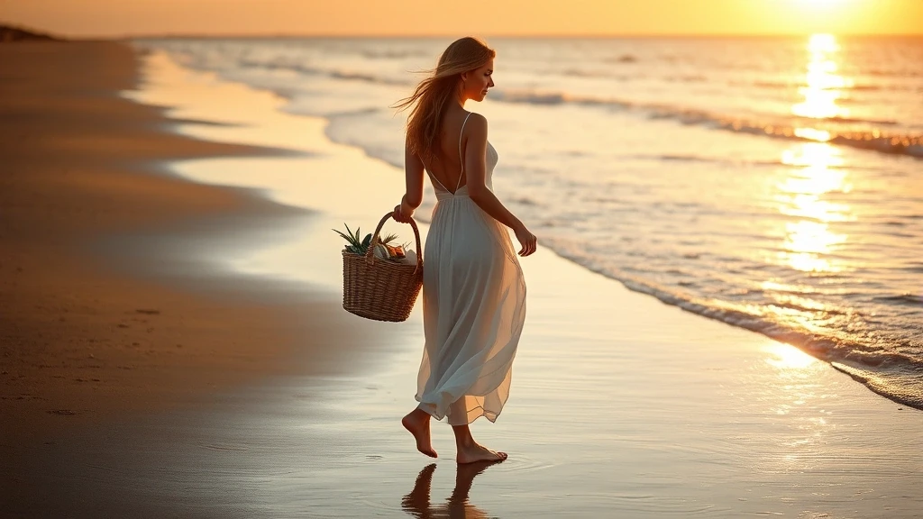 Elegante Frau im weißen Kleid am Strand von Norderney bei Sonnenuntergang mit Meeresfrüchten
