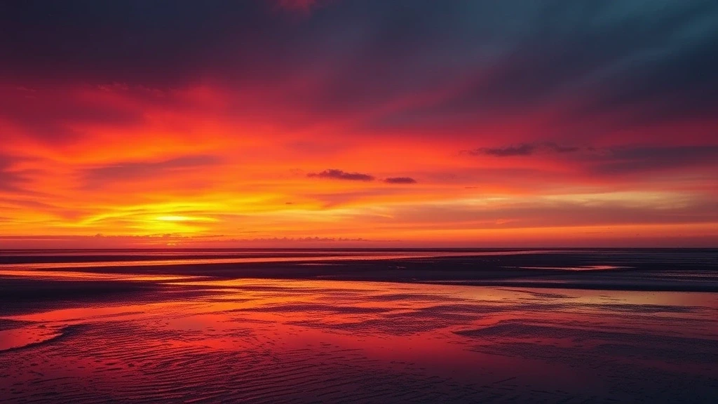 Sonnenuntergang über dem Wattenmeer vor Norderney mit Spiegelungen im flachen Wasser