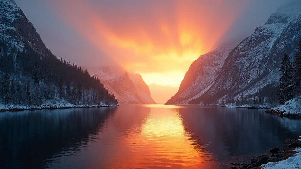 Sonnenuntergang ueber einem norwegischen Fjord in der Nordlicht-Expedition mit goldenem Licht auf dem Wasser