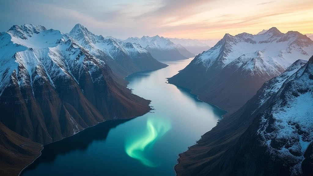 Luftaufnahme der Nordlicht-Expedition in Norwegen mit dramatischen Bergen, Fjorden und Nordlichtern zur goldenen Stunde