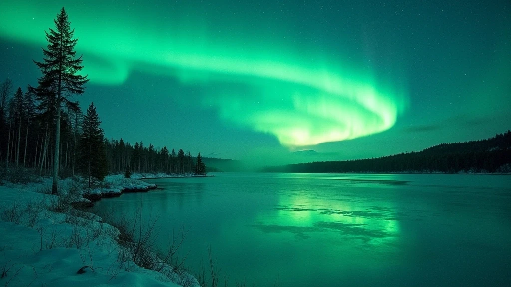 Panoramablick auf Nordlichter ueber einem gefrorenen See in der Nordlicht-Expedition Norwegen