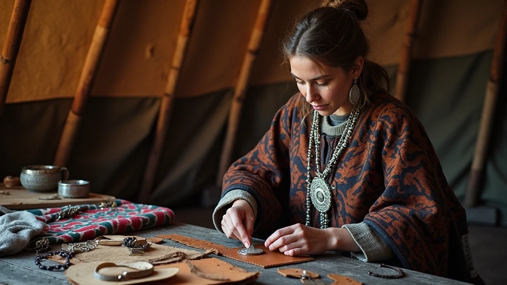 Sami-Handwerkskunst in einem Lavvu-Zelt der Nordlicht-Expedition Norwegen mit traditionellem Schmuck