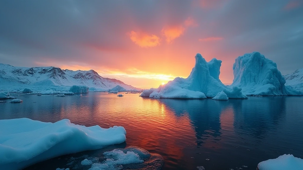 Sonnenuntergang über Eisbergen im Fjord des Nordostgrönland-Nationalparks