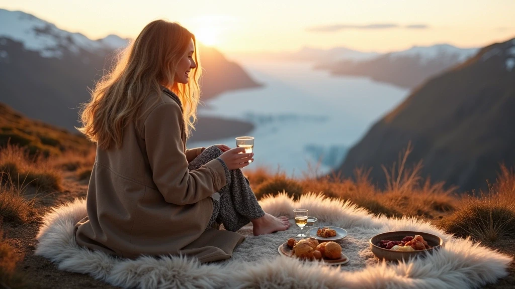 Elegante Frau genießt Gourmet-Picknick mit Blick auf Gletschertal im Nordostgrönland-Nationalpark