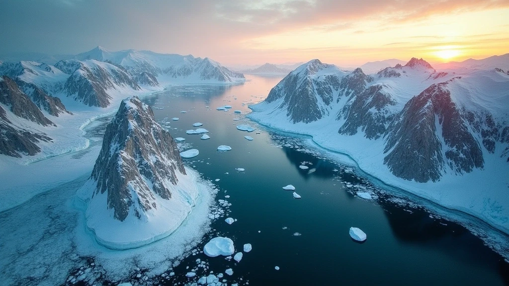 Luftaufnahme der Nordwestpassage mit eisbedeckten Fjorden und Eisbergen in der kanadischen Arktis zur goldenen Stunde