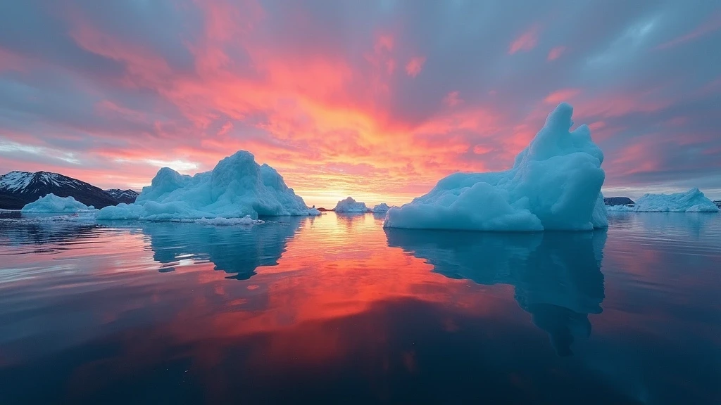 Sonnenuntergang ueber Eisbergen in der Nordwestpassage mit Spiegelungen im Wasser